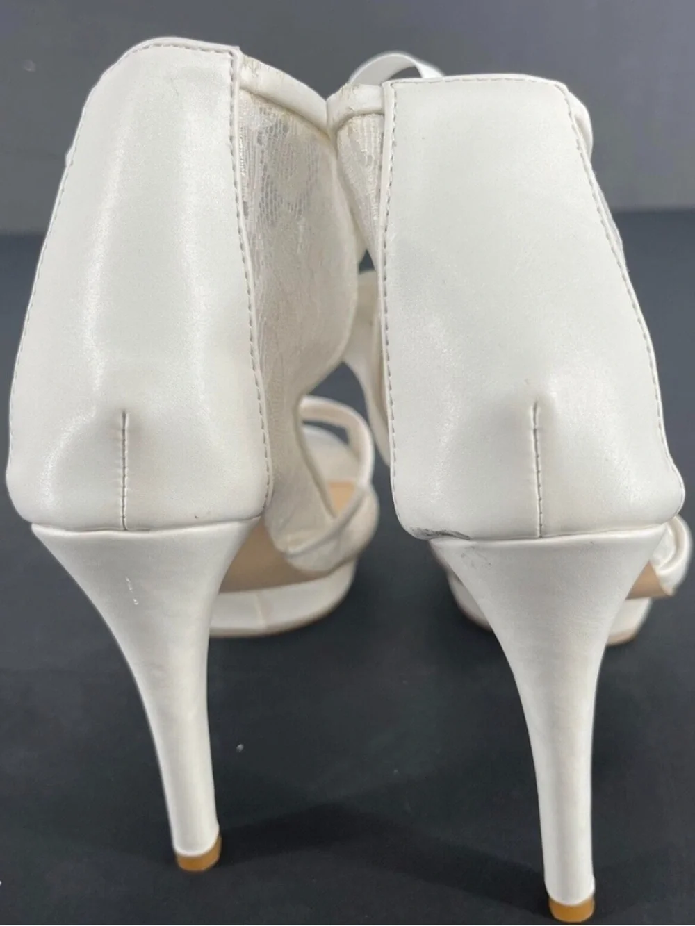 FSJ Ivory Lace Peep-Toe Ribbon Heels